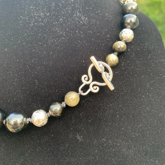 Handmade Golden Sheen Obsidian and Bali Beaded Hand Knotted Necklace - Picture 2 of 2